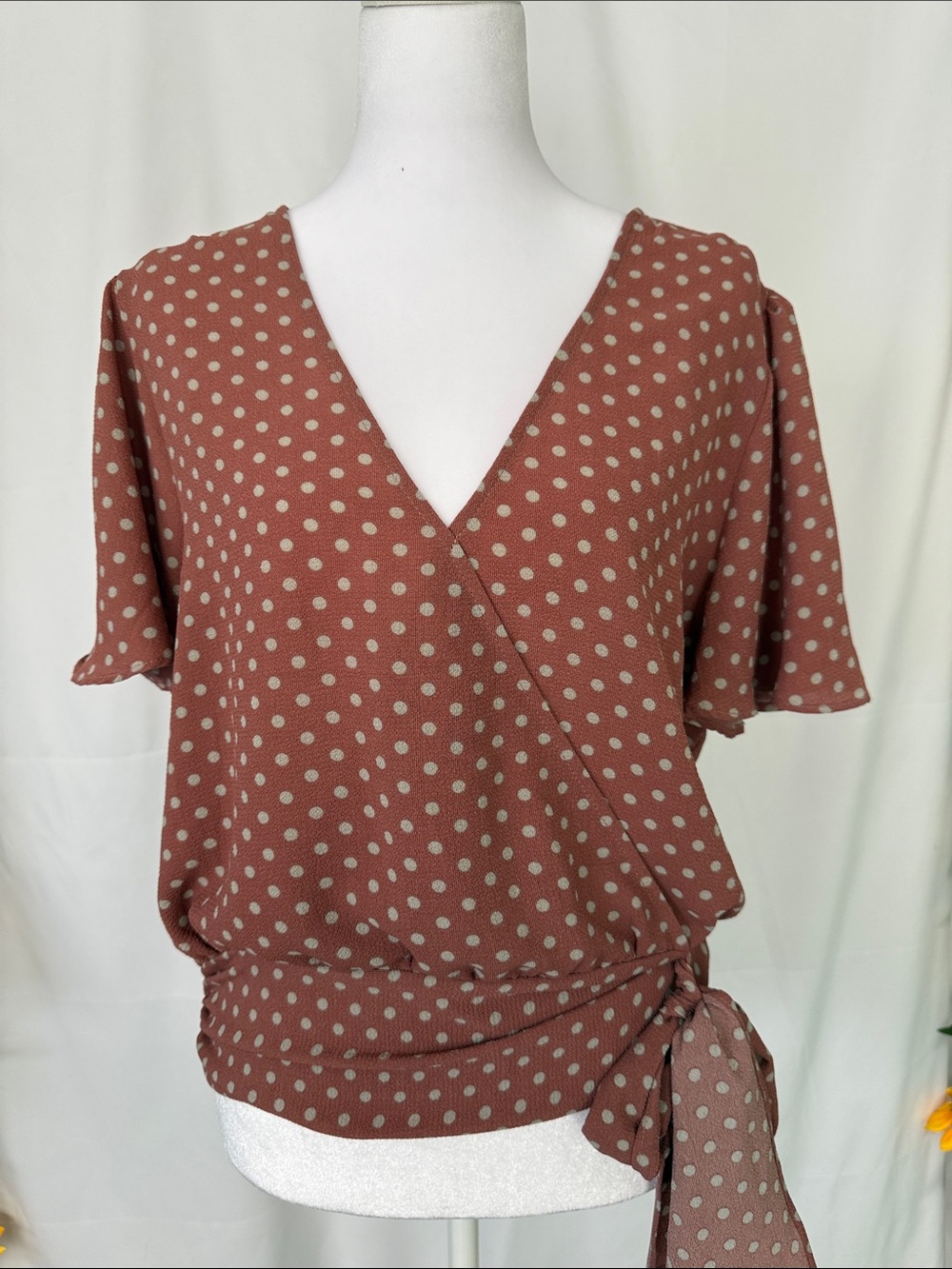 Polka Dot Side-Tie Wrap Blouse in Dusty Rose